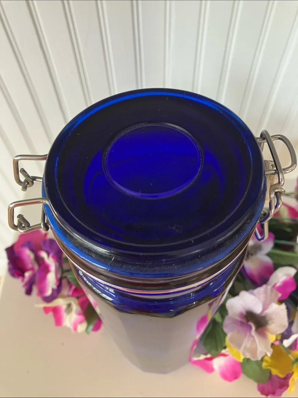 Cobalt Blue Cylinder Glass Jar With Wire Clamp Hinged Lid